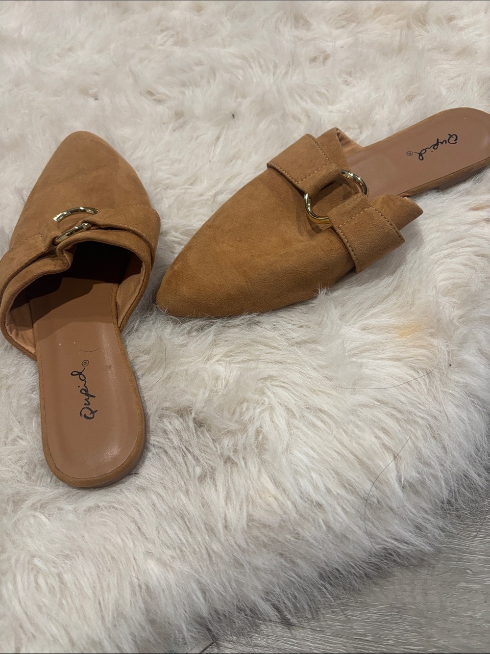 Qupid Cognac Pointed-Toe Slip-On Mules with Gold Buckle